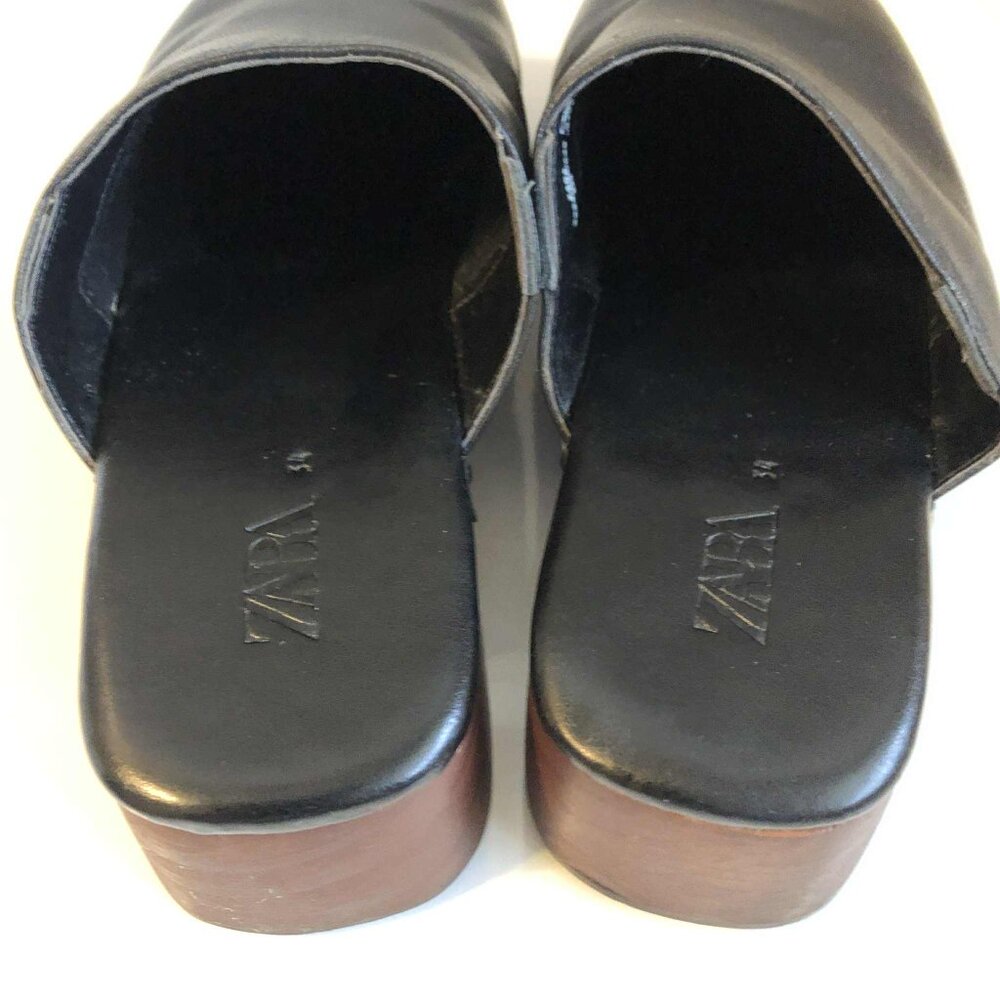 New ZARA Black Leather Studded Wooden Heel Mule Slip-on Clogs 3.5 - Picture 4 of 8